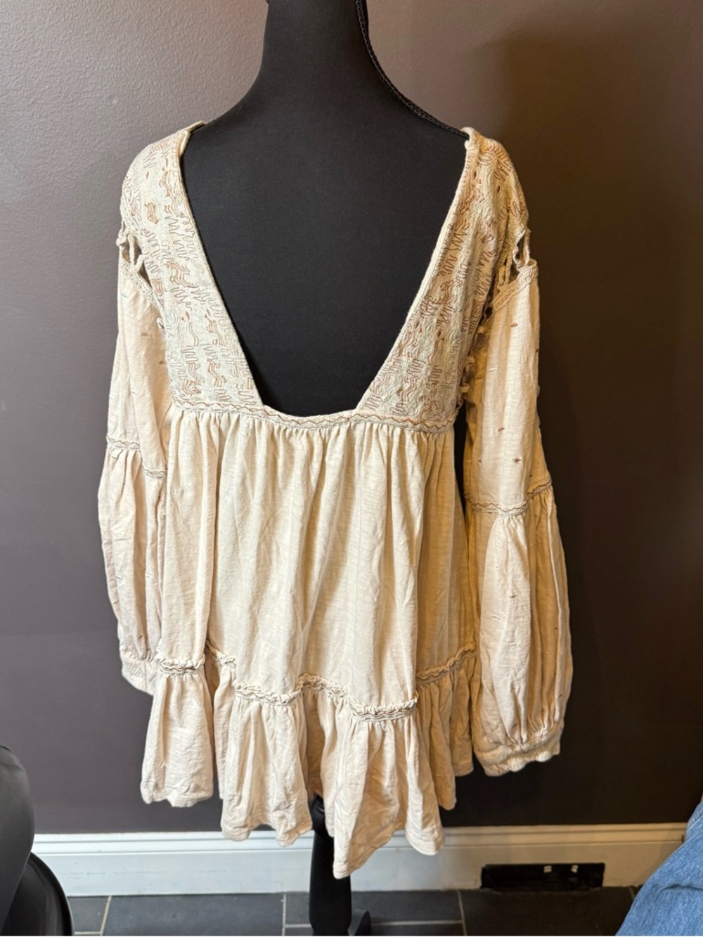 Free People Cream Embroidered V-Neck Tiered Mini Dress - Picture 4 of 5